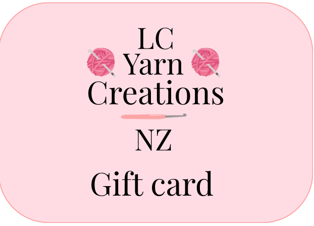 Pink gift card with 'LC Yarn Creations NZ' text and yarn ball and knitting needle graphics.