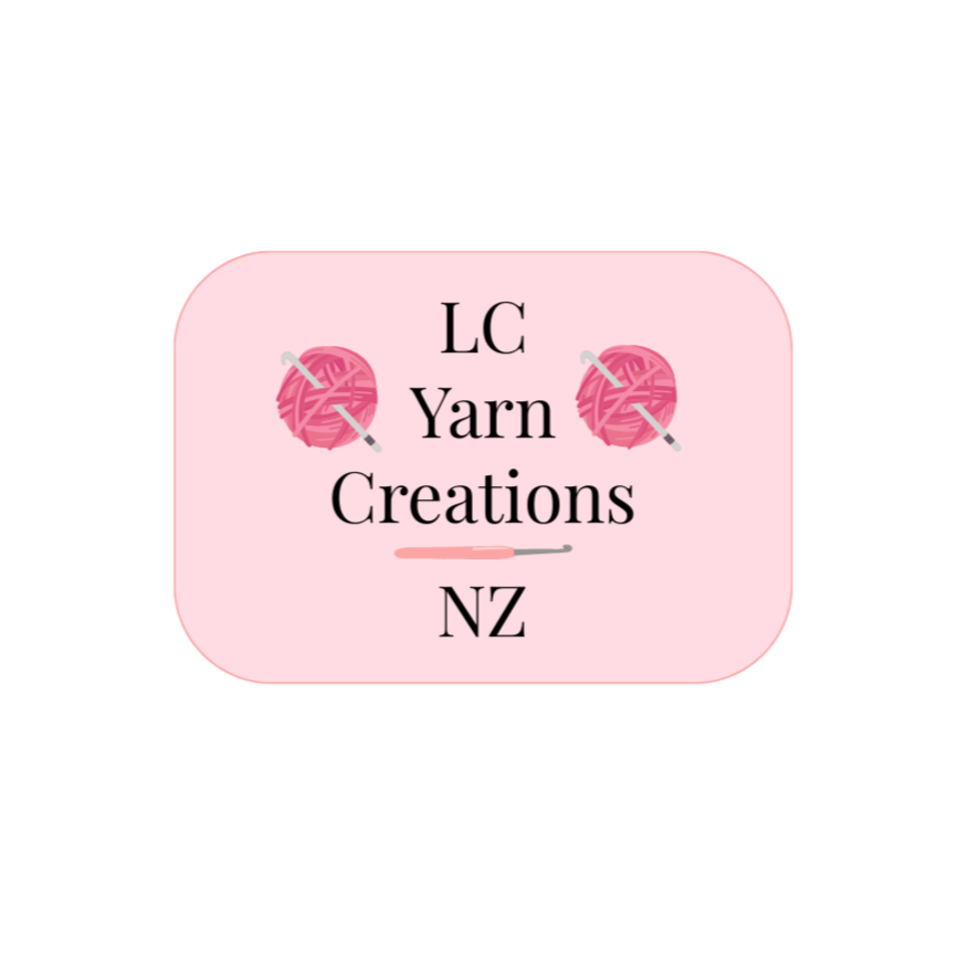 Pink label with 'LC Yarn Creations NZ' text and yarn ball icons on a white background